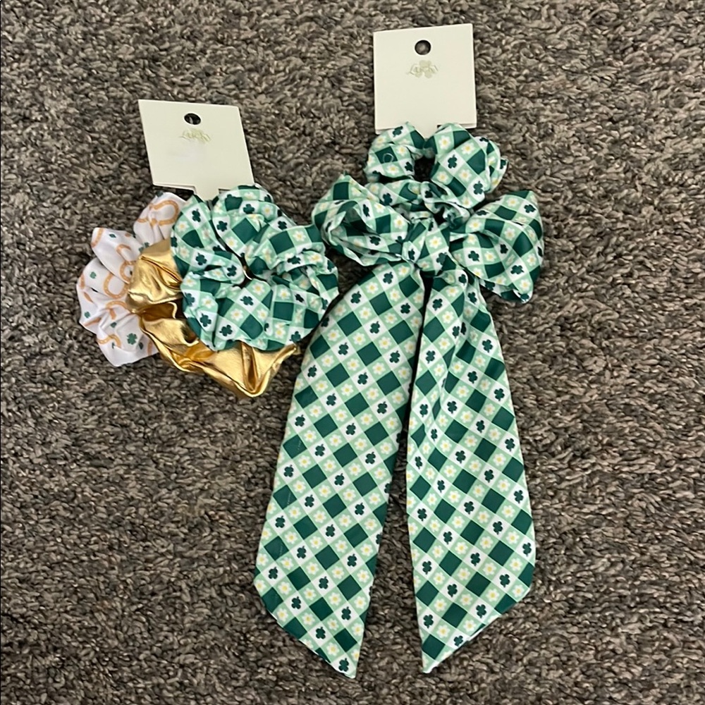 Green and Gold Hair Scrunchies Set